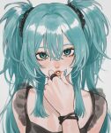  1girl absurdres aqua_eyes aqua_hair aqua_nails black_dress blurry bracelet chain cropped_torso depth_of_field dress hair_between_eyes hair_ornament hatsune_miku highres itou_(very_ito) jewelry long_hair looking_at_viewer puckered_lips ring sidelocks twintails vocaloid white_background 