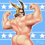  1boy all_might antenna_hair ass bara blonde_hair blue_background boku_no_hero_academia completely_nude cowboy_shot dhanisani double_biceps_pose flexing from_behind grin hair_slicked_back highres male_focus mature_male muscular muscular_male nude short_hair sideburns smile solo starry_background 