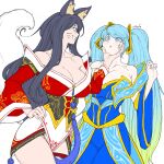  2girls ahri_(league_of_legends) animal_ears aura bare_shoulders black_hair blonde_hair blue_dress blue_eyes blue_hair blush breasts cleavage collarbone corruption crown dress fox_ears fox_girl fox_tail glowing glowing_eyes grabbing grabbing_another&#039;s_chin gradient_hair green_background hand_on_another&#039;s_chin hand_on_own_hip highres huge_breasts korean_commentary league_of_legends lolboja long_hair low_neckline multicolored_hair multiple_girls naughty_face possessed pout red_dress smile sona_(league_of_legends) tail tearing_up tears twintails very_long_hair viego_(league_of_legends) white_hair you_gonna_get_raped yuri 