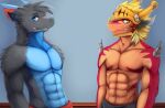  anthro arm_spikes blonde_hair blue_body blue_eyes blue_fur bottomwear cheek_tuft clothed clothing duo facial_tuft fur glistening glistening_eyes grey_body grey_bottomwear grey_clothing grey_ears grey_fur grey_hair grin hair kuttoyaki looking_at_viewer male muscular muscular_anthro muscular_male neck_tuft orange_body red_body red_bottomwear red_clothing red_ears short_hair shoulder_spikes shoulder_tuft smile spikes spikes_(anatomy) topless tuft wearing_helmet yellow_eyes yellow_helmet 