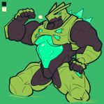 abs anthro biceps black_body featureless_crotch future_pokemon generation_9_pokemon green_body green_eyes humanoid iron_thorns looking_at_viewer male metallic_body muscular muscular_anthro muscular_male nintendo paradox_pokemon pecs pokemon pokemon_(species) reptile ryozo scalie simple_background solo yellow_eyes 