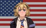  1girl absurdres ahoge aiming aiming_at_viewer american_flag american_flag_background american_flag_neckwear blonde_hair blue_eyes collared_shirt commentary english_commentary frown girls&#039;_frontline gun hair_ornament handgun highres holding holding_gun holding_weapon jacket looking_at_viewer m1911 m1911_(girls&#039;_frontline) m1911_(mod3)_(girls&#039;_frontline) medium_hair necktie shirt solo star_(symbol) star_hair_ornament straight-on the_superweirdo upper_body weapon white_shirt 
