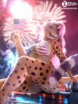  3d_(artwork) 4th_of_july alexandra_(velocitycat) american_flag_bikini anthro breasts camel_toe cheetah digital_media_(artwork) eyelashes felid feline female fireworks fur hair hi_res looking_at_viewer mammal nipple_outline one_eye_closed pink_hair sitting smile solo spots spotted_body spotted_fur stars_and_stripes united_states_of_america whiskers yellow_body yellow_fur zorryn 