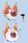  1other animal_focus blue_background fluffy hair_dryer highres holding holding_hair_dryer pokemon pokemon_(creature) simple_background slither_wing sound_effects theia_lockhart wind 