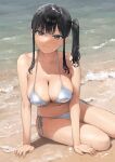  1girl beach bikini black_hair breasts closed_mouth collarbone commentary_request fingernails gaki_kyonyuu highres kaedeko_(kaedelic) large_breasts light_smile looking_at_viewer medium_hair navel ocean parted_bangs purple_eyes sasaki_miyuki_(kaedeko) side-tie_bikini_bottom side_ponytail sidelocks sitting solo swimsuit thighs wet white_bikini 