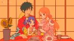  1boy 2girls a_mimishi black_hair blush bowl cup english_commentary flower flower_pot food hat highres holding holding_cup indoors japanese_clothes kimono kurozumi_tama long_hair monkey_d._luffy multiple_girls nami_(one_piece) one_piece orange_eyes orange_hair parted_bangs patreon_username plate purple_eyes purple_hair rice_bowl short_hair sidelocks sleeveless sleeveless_kimono smile steam straw_hat sunflower yoru_mac 