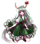  1girl 299_(horisso) brown_footwear collarbone dress ex-keine fang full_body green_dress green_hair horn_ornament horns kamishirasawa_keine long_hair looking_at_viewer open_mouth petticoat puffy_short_sleeves puffy_sleeves red_eyes short_sleeves simple_background solo touhou very_long_hair white_background 