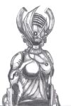  2015 alien anthro armor black_and_white breasts clothing female ferexes graphite_(artwork) hat headgear headwear hi_res horn monochrome pencil_(artwork) sketch solo traditional_media_(artwork) valkyr_(warframe) 