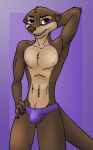  abs anthro athletic body_hair bulge clothing dizzyvixen hand_behind_head happy_trail hi_res juniper_(dizzyvixen) looking_at_viewer male mammal mustelid nipples otter pinup pose purple_eyes shirtless simple_background smile solo speedo swimwear 