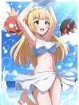  1girl :d absurdres arms_up ball barefoot beachball blonde_hair blush braid breasts cloud commentary_request day eyelashes green_eyes highres leg_up lillie_(pokemon) long_hair magikarp navel open_mouth outdoors pokemon pokemon_(anime) pokemon_(creature) pokemon_sm_(anime) pyukumuku shabana_may sky smile swimsuit teeth tongue upper_teeth_only water wet 
