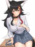  1girl absurdres animal_ear_fluff animal_ears black_collar black_hair breasts collar grey_skirt highres hololive large_breasts long_hair micon multicolored_hair ookami_mio orange_eyes plaid plaid_skirt red_hair shirt simple_background sitting skirt solo streaked_hair virtual_youtuber white_background white_shirt wolf_ears wolf_girl 