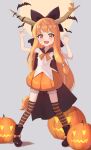  1girl animal bat_(animal) black_bow black_footwear black_thighhighs blush boots bow commentary english_commentary fang footwear_bow full_body grey_background hair_bow halloween halloween_costume highres horn_ornament horn_ribbon horns ibuki_suika jack-o&#039;-lantern long_hair oeyama oni_horns open_mouth orange_bow orange_eyes orange_hair orange_ribbon orange_skirt ribbon shirt simple_background skin_fang skirt smile solo standing striped striped_thighhighs thighhighs torn_clothes torn_sleeves touhou white_shirt 