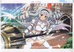  1girl absurdres aqua_eyes armor breasts day drill_hair garter_straps gauntlets ginrei_(senran_kagura) hairband highres holding holding_weapon long_hair official_art outdoors page_number polearm scan senran_kagura senran_kagura_new_link simple_background solo spear weapon white_hair yaegashi_nan 