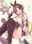  1girl :d atelier_(series) atelier_ryza atelier_ryza_1 beret book boots bracelet breasts brown_eyes brown_gloves brown_hair cleavage fingerless_gloves flask foot_out_of_frame gloves gogatsu_no_renkyuu hair_ornament hairclip hat highres jacket jewelry large_breasts leather leather_gloves looking_at_viewer necklace open_mouth red_shorts reisalin_stout round-bottom_flask short_hair short_shorts shorts simple_background single_glove sleeveless sleeveless_jacket smile solo staff star_(symbol) star_necklace test_tube thigh_boots thighhighs thighhighs_under_boots toeless_footwear toes v white_headwear yellow_jacket 