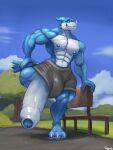  anthro bandai_namco barefoot bench big_penis bottomwear clothing digimon digimon_(species) feet genitals hi_res huge_penis hyper hyper_genitalia hyper_penis male muscular muscular_anthro muscular_thighs park_bench pecs penis shorts sky smile solo uniparasite veemon 