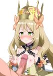  1boy 1girl blonde_hair blush breasts butterfly_hair_ornament celine_(fire_emblem) censored crown cum detached_sleeves fire_emblem fire_emblem_engage flat_chest fuyumi_kazuki green_eyes hair_ornament highres long_hair mosaic_censoring naizuri nipples paizuri penis sweatdrop upper_body white_background 