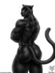  2023 anthro back_muscles biceps big_butt black_body black_fur butt digital_media_(artwork) felid fur glistening glistening_eyes hi_res jugg4 looking_at_viewer male mammal muscular muscular_anthro muscular_male pantherine simple_background solo tail whiskers white_background 