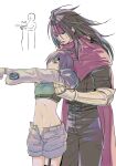  1boy 1girl belt black_hair black_jacket black_pants brown_hair cape cloak cowboy_shot cropped_sweater final_fantasy final_fantasy_vii final_fantasy_vii_rebirth garter_straps gauntlets green_sweater headband height_difference highres jacket lifting_person long_hair longcat_(meme) looking_at_another meme midriff multiple_belts navel open_fly outstretched_arms pants red_cape red_cloak red_eyes red_headband shoji_sakura short_hair shorts single_garter_strap single_gauntlet sleeveless sleeveless_turtleneck sweater turtleneck turtleneck_sweater vincent_valentine white_background yuffie_kisaragi 