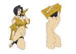  1girl ass black_hair black_panties breasts cleavage clothing_cutout cowboy_bebop faye_valentine from_behind front-tie_top gloves guiguz hairband headband highres lipstick makeup midriff multiple_views off_shoulder panties panty_pull red_lips short_hair shoulder_cutout simple_background underwear undressing white_background yellow_gloves yellow_hairband yellow_headband 