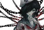  1girl black_hair blood blood_on_clothes blood_on_face blood_on_hands chain fingernails green_eyes green_nails green_sailor_collar hair_over_one_eye highres long_fingernails long_hair looking_at_viewer murasa_minamitsu nail_polish neckerchief red_neckerchief remyaruku65 sailor_collar sailor_shirt sharp_fingernails shirt simple_background solo touhou upper_body white_background white_shirt 