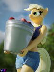  3d_(artwork) absurd_res anthro apple applejack_(mlp) blender_(software) bottomwear bucket clothing container crop_top digital_media_(artwork) earth_pony equid equine female food freckles friendship_is_magic fruit hasbro hi_res holding_object horse mammal midriff my_little_pony plant pony shadowboltsfm shirt shorts solo topwear 