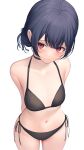  1girl absurdres arms_behind_back bikini black_bikini black_choker black_hair black_ribbon blush choker closed_mouth collarbone cowboy_shot flat_chest highres idolmaster idolmaster_shiny_colors morino_rinze navel red_eyes ribbon shirafuji_ene short_hair side-tie_bikini_bottom simple_background solo swimsuit white_background 