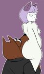 2023 anthro anthro_on_anthro arm_around_leg big_breasts big_butt big_eyes big_mouth_(anatomy) biped black_clothing black_eyebrows black_eyelashes black_nose black_pupils black_topwear bob_cut breasts brown_body brown_ears brown_eyelids butt butt_bite canid canine canis clothed clothed/nude clothed_anthro clothed_anthro_nude_anthro clothed_male clothed_male_nude_female clothing colored curved_eyebrows dark_nose digital_drawing_(artwork) digital_media_(artwork) domestic_cat duo eyebrow_through_hair eyebrows eyelashes eyelids fangs felid feline felis female gold-white-kott hair head_turned hi_res huge_butt interspecies looking_at_viewer looking_back looking_back_at_viewer male male/female mammal mouth_closed nipples nose_size_difference nude nude_anthro nude_female outline prick_ears pupils purple_background purple_ears purple_hair purple_nipples pussycat_(takena_nagao) short_hair simple_background small_nose smile smiling_at_viewer smirk smirking_at_viewer standing takena_nagao teeth thick_thighs thin_eyebrows topwear translucent translucent_hair white_body white_breasts white_nose white_outline wolf 