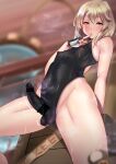  1boy absurdres andou_you aqua_eyes bar_censor black_gloves black_one-piece_swimsuit blonde_hair blurry blurry_background blush bridget_(guilty_gear) bulge censored competition_swimsuit covered_nipples covered_penis cowboy_shot crate finger_to_mouth fingerless_gloves gloves guilty_gear guilty_gear_strive hair_between_eyes highleg highleg_swimsuit highres impossible_clothes impossible_swimsuit male_focus mosaic_censoring motion_lines one-piece_swimsuit otoko_no_ko solo steam swimsuit two-tone_gloves wet wet_clothes wet_swimsuit 