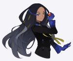  1girl black_hair black_jacket blue_eyes blue_gloves blue_shirt buttons closed_mouth commentary_request dark-skinned_female dark_skin eyelashes geeta_(pokemon) gloves hand_up holding holding_poke_ball jacket long_hair long_sleeves neck_ribbon poke_ball poke_ball_(basic) pokemon pokemon_(game) pokemon_sv ribbon shiomipon shirt simple_background smile solo white_background yellow_ribbon 