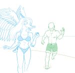  5_fingers anon_(snoot_game) anthro arm_feathers bald bikini bikini_bottom bikini_top blue_and_white bone_frill bottomwear breasts cleavage clothed clothing duo elbow_feathers faceless_character faceless_human faceless_male fang_(gvh) feathered_wings feathers female female_anthro fingers fist frill_(anatomy) goodbye_volcano_high green_and_white hair hi_res human line_art long_hair male mammal monochrome open_mouth open_smile protonmono pterodactylus pterosaur reptile scalie short_tail shorts simple_background smile snoot_game snout swimwear tail topless topless_human topless_male wings 