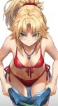  1girl bare_shoulders bikini blonde_hair blush braid breasts clothes_pull collarbone fate/apocrypha fate_(series) french_braid front-tie_bikini_top front-tie_top green_eyes hair_ornament hair_scrunchie highres jewelry long_hair looking_down mordred_(fate) necklace pants pants_pull ponytail red_bikini red_scrunchie scrunchie side-tie_bikini_bottom sidelocks solo swimsuit tonee 
