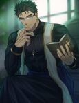  1boy bara bible_(object) black_hair book domo_(domo_kizusuki) glasses hand_on_own_face high_collar highres holding holding_book large_pectorals male_focus mature_male muscular muscular_male open_book original pectorals priest rectangular_eyewear robe rosary short_hair smile thick_eyebrows vestments window 
