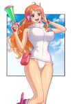  1girl :d ahoge behind-the-head_headphones bracelet breasts brown_eyes cloud groin gun hands_up headphones highres holding holding_gun holding_weapon jewelry large_breasts leotard long_hair nami_(one_piece) one-piece_swimsuit one_piece open_mouth orange_hair pouch smile solo swimsuit thigh_gap thighs very_long_hair wavy_hair weapon white_leotard white_one-piece_swimsuit youkan_(tako) 
