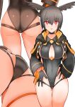  1girl adjusting_clothes adjusting_swimsuit ass ass_visible_through_thighs black_hair black_one-piece_swimsuit blush breasts cleavage cleavage_cutout clothing_cutout commentary_request fate/grand_order fate_(series) gloves head_wings highleg highleg_swimsuit highres jacket long_sleeves looking_at_viewer one-piece_swimsuit ortlinde_(fate) parted_lips red_eyes short_hair simple_background swimsuit thigh_gap thighs valkyrie_(fate) white_background wings yoosai 