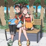  1boy 1girl absurdres arm_support baeming bangs bare_arms beanie bench bike_shorts black_pants blush bow_hairband brendan_(pokemon) brown_hair bush closed_eyes closed_mouth collarbone commentary_request day hairband hat highres korean_commentary may_(pokemon) mudkip outdoors pants parted_lips pokemon pokemon_(creature) pokemon_(game) pokemon_oras shirt shoes short_hair short_sleeves shorts sitting sleeveless sleeveless_shirt starter_pokemon_trio tree white_headwear white_shorts yellow_footwear zipper_pull_tab 