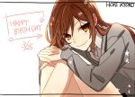  1girl bare_legs brown_hair buttons character_name closed_mouth collared_shirt commentary_request dated grey_sweater hagiwara_daisuke happy_birthday hori-san_to_miyamura-kun hori_kyouko interlocked_fingers katagiri_senior_high_school_uniform knees_up long_hair long_sleeves orange_eyes school_uniform shirt sitting smile solo sweater white_background 