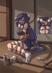  1girl absurdres animal_ears armpits arms_behind_head arms_up ball_gag bdsm black_hair bondage bound bound_arms bound_legs breasts commentary_request commission cuffs full_body gag gagged highres indoors kuon_(utawarerumono) long_hair low-tied_long_hair medium_breasts nero_augustus restrained rope sash second-party_source shackles shibari shibari_over_clothes shoes shoes_removed sideboob socks solo sweat tabi tail utawarerumono utawarerumono:_itsuwari_no_kamen white_socks 