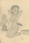  anthro areola babasa breasts echidna eyes_closed female graphite_(artwork) hands_behind_head hi_res kneeling lobar looking_away mammal medium_breasts monochrome monotreme nipples nude pencil_(artwork) pillow plant plant_pot pose shaved simple_background solo traditional_media_(artwork) 