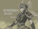  1girl armor armored_dress gauntlets helmet highres lenneth_valkyrie long_hair low-braided_long_hair mitohakuren monochrome shoulder_armor solo_focus sword valkyrie valkyrie_profile weapon winged_helmet 