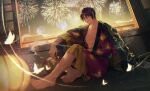 1boy absurdres aerial_fireworks animal_print bandage_over_one_eye barefoot between_fingers black_hair butterfly_print closed_mouth collarbone commentary_request fireworks full_body gintama grey_eyes hair_over_one_eye half-closed_eye highres holding holding_smoking_pipe indoors japanese_clothes kimono kiseru looking_at_viewer male_focus night print_kimono purple_kimono riz3 sitting smile smoke smoking_pipe soles solo takasugi_shinsuke 