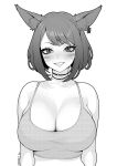  1girl animal_ear_fluff animal_ears artist_name black_choker braid brassica breasts camisole choker cleavage collarbone commission crop_top crown_braid earrings facial_mark greyscale jewelry large_breasts long_eyelashes monochrome original short_hair single_earring solo upper_body 