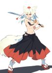  1girl absurdres animal_ear_fluff animal_ears black_bra black_hakama black_panties bow bow_bra bra breasts fang fighting_stance geta hakama hakama_pants hat highres holding holding_sword holding_weapon inubashiri_momiji japanese_clothes kakaricho_dairi long_hair multicolored_pants navel open_mouth orange_eyes panties pants red_hakama simple_background small_breasts socks solo sword tail tokin_hat touhou underwear weapon white_background white_hair white_socks wolf_ears wolf_tail 