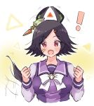  ! 1girl animal_ears bandaid bandaid_on_face black_hair blush bow bowtie breasts clenched_hands hair_ornament hairclip hands_up highres horse_ears horse_girl horse_tail kamaboco_(kayada) long_sleeves looking_at_viewer medium_breasts motion_lines open_mouth purple_shirt sailor_collar shirt short_hair smile speed_lines tail tail_wagging triangle umamusume upper_body winning_ticket_(umamusume) 