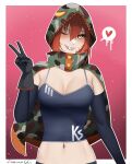  1girl black_camisole breasts camisole darkpulsegg detached_sleeves facial_mark girls&#039;_frontline ks-23_(girls&#039;_frontline) large_breasts messy_hair midriff open_clothes orange_hair sharp_teeth simple_background smile stomach teeth yellow_eyes 