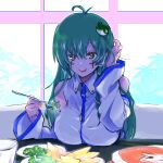  1girl 90_sik ahoge blush breast_rest breasts breasts_on_table brown_eyes collared_shirt commentary cookie_(touhou) cross detached_sleeves facepaint food fork frog_hair_ornament green_hair hair_between_eyes hair_ornament hair_tubes hand_in_own_hair holding holding_fork kochiya_sanae large_breasts long_bangs long_hair looking_at_viewer name_connection object_namesake open_mouth parsley paseri_(cookie) shirt single_hair_tube single_sidelock sleeveless sleeveless_shirt smile snake_hair_ornament solo teeth touhou upper_body upper_teeth_only white_shirt white_sleeves window 