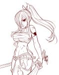  1girl arm_tattoo bare_arms blushyspicy breasts bruise cleavage collarbone cowboy_shot erza_scarlet fairy_tail from_side greyscale groin hair_ribbon highres holding holding_sword holding_weapon injury large_breasts long_hair monochrome navel pants ponytail ribbon sarashi stomach sword tattoo torn_clothes torn_pants weapon 