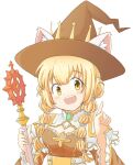  1girl animal_ear_headwear animal_ears arch_bishop_(ragnarok_online) blonde_hair blush breasts brown_dress brown_headwear cat_ears cleavage cleavage_cutout clothing_cutout commentary_request crosier cross crown double_bun dress fake_animal_ears frilled_dress frilled_sleeves frills hair_bun hat holding holding_staff index_finger_raised juliet_sleeves long_hair long_sleeves looking_at_viewer medium_bangs medium_breasts multi-tied_hair oekakomi official_alternate_costume open_mouth puffy_sleeves ragnarok_online sidelocks simple_background smile solo staff teeth two-tone_dress upper_body upper_teeth_only white_background white_dress witch_hat yellow_eyes 