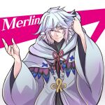  1boy bishounen character_name closed_mouth fate/grand_order fate_(series) flower_knot hooded_robe kagyu male_focus merlin_(fate) purple_eyes red_ribbon ribbon robe solo white_background white_hair white_robe wide_sleeves yellow_ribbon 