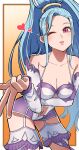  1girl absurdres amazon_pandora blowing_kiss blue_hair border breasts cleavage collarbone commentary_request cowboy_shot highres kid_icarus kid_icarus_uprising navel one_eye_closed osusowake outside_border pandora_(kid_icarus) pink_eyes ponytail solo white_border 