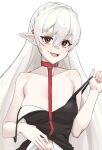 1girl absurdres arknights belt_collar black_camisole braid camisole collar colored_skin crown_braid double_strap_slip fangs highres long_hair pale_skin pointy_ears pulled_by_self radioneet red_eyes smile upper_body vampire warfarin_(arknights) white_background white_hair white_skin 